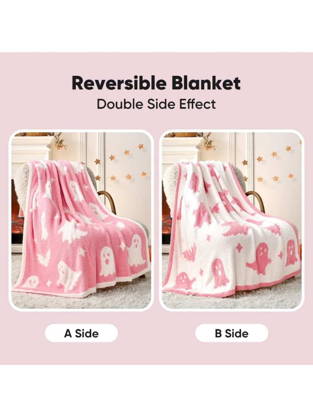 Cozy Halloween Throw Blanket - Pink Ghost & Bat Design, Ultra Soft 50x60" Couch - Picture 3 of 7